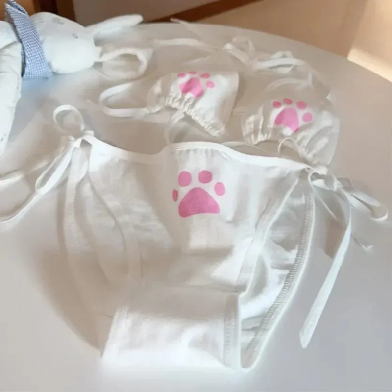 Japonský styl Lace Up Dámská sada spodního prádla Bavlna Prodyšná Kawaii Cat Claw Roztomilá sada podprsenky Cosplay Sada kreslených podprsenek Spodní prádlo