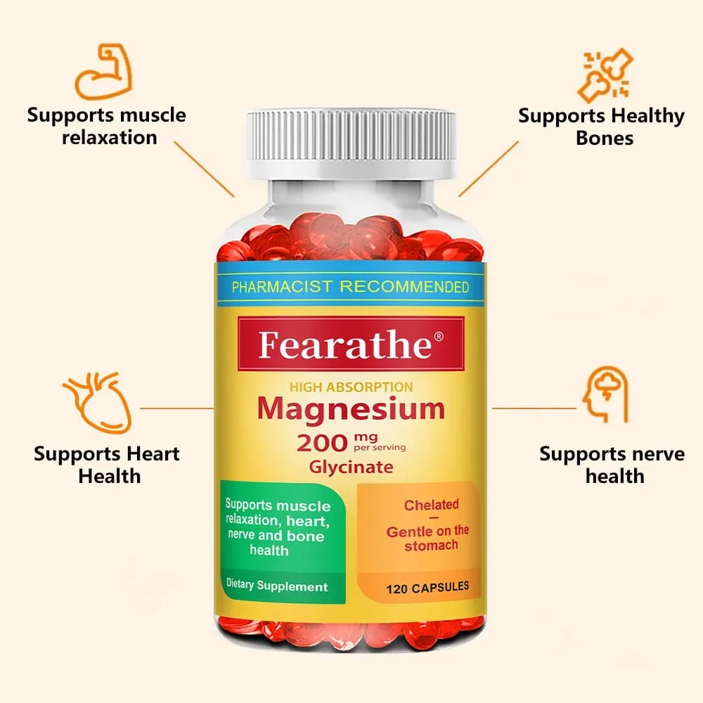 Magnesium Glycinate Capsules 200mg Mineral Supplement for Relaxation Sleep Muscle Bone Cardiovascular & Immune Health