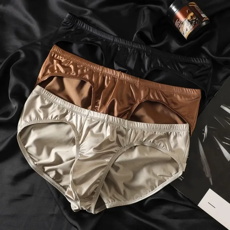 Smooth Low Waist Male Underwear Ice Silk Bulge Pouch Satin Silk Briefs Glossy Shiny Lingerie Men's Triangle Panties Youth