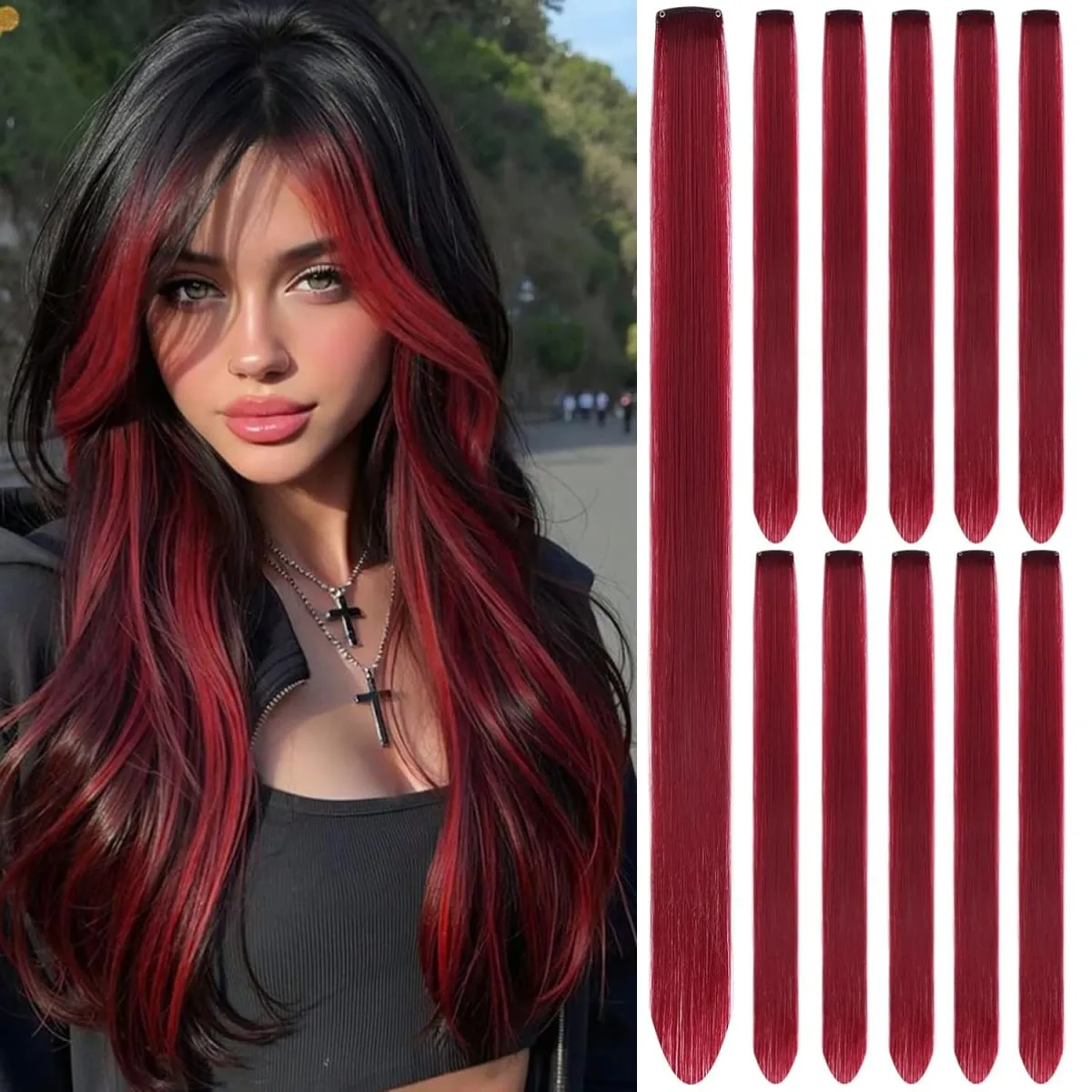 11PCS Colored Purple Hair Extensions 22 Inch Colorful Clip in Hair Extensions Straight Synthetic Hairpiece for Women Kids Girls