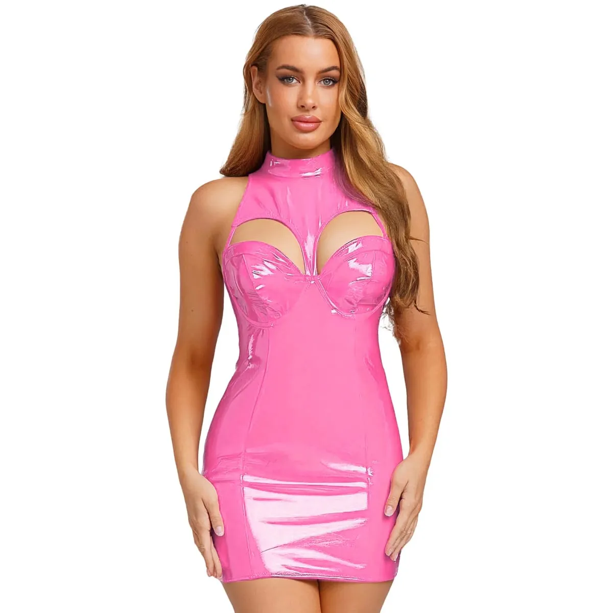 Mini abito in lattice di pelle PU effetto bagnato da donna senza maniche reggiseno push-up scavato abito aderente abito tubolare effetto bagnato Raves Clubwear