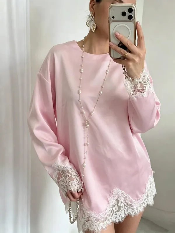 Women Light Blue Lace Satin Round Neck Dress Elegant Side Tie Long Sleeve Soft Short Gown 2026 Daily Vacation Party Sundress