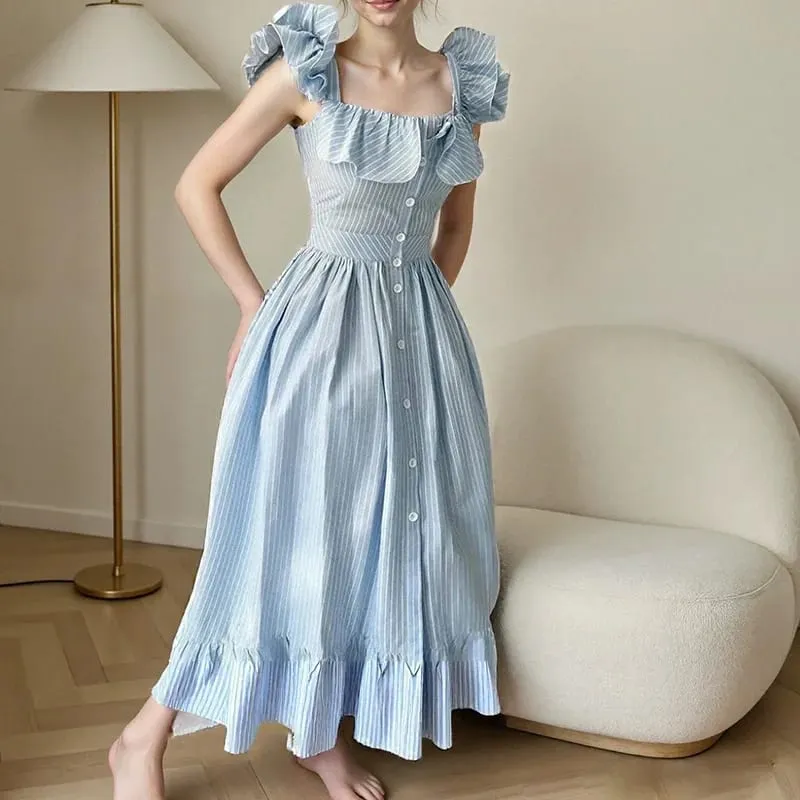 Mangas voadoras listradas vestidos longos mulher elegante único breasted a linha roupões feminino chique cintura alta verão senhora roupões férias