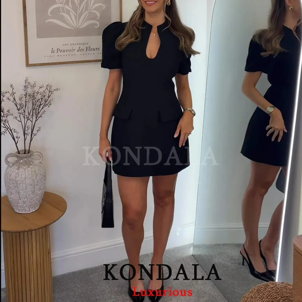 Elegant Holiday Chic Women Mini Dress Black O-Neck Zipper Short Puff Sleeve Dress Fashion 2026 Spring Summer Party Dress