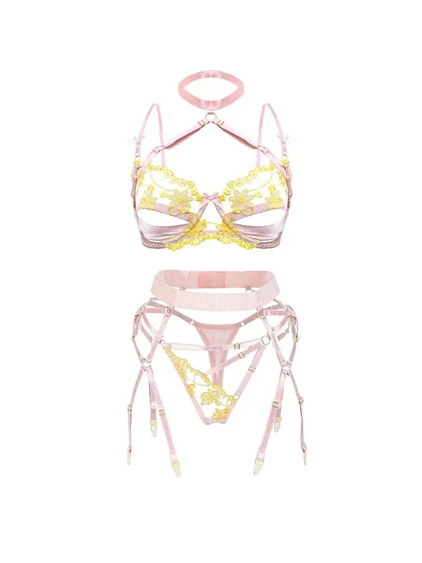 Fashion Print Embroidery Porno Underwear Sets Spliced Backless Lingerie Sexuality Sheer Vintage Lace 3 Pieces Suit