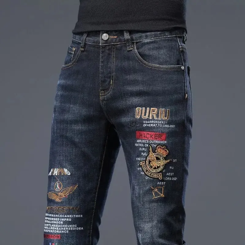 High-end Men's Jeans Summer New Embroidery Printed Slim-fit Elastic Small Feet Trousers Punk Clothing Luxury Brand Men Jeans