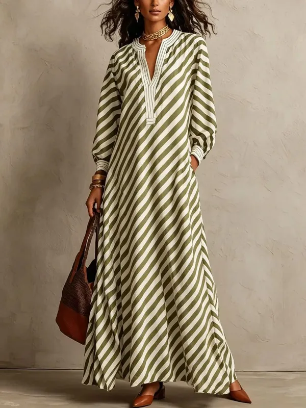 Fashion Stripe Print Maxi Dress 2026 Autumn Winter Women V‑Neck Long Sleeve Loose Casual Long Dresses Holiday Beach Boho Dress