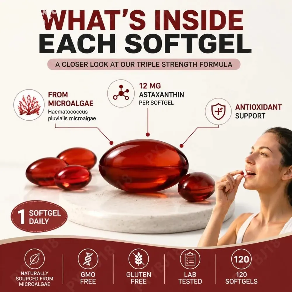 Astaksantin 12mg Mikroalglerden Softgeller Üçlü Mukavemetli Antioksidan Takviyesi Hücresel Sağlık ve Günlük Denge 120 Sayısı