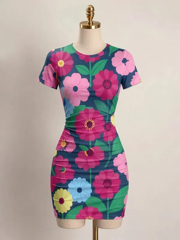 Womens Short Sleeve Bodycon Mini Dress Slim Fit Crew Neck Floral Print Casual Summer Party Cute Comfy Vacation Vacation Sundress