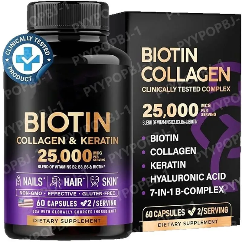 Biotin Capsules Contain Collagen and Vitamin B2 B3 B6 & B7 for Women Men Hair Care Supplements Skin & Nails Support 60 Pieces