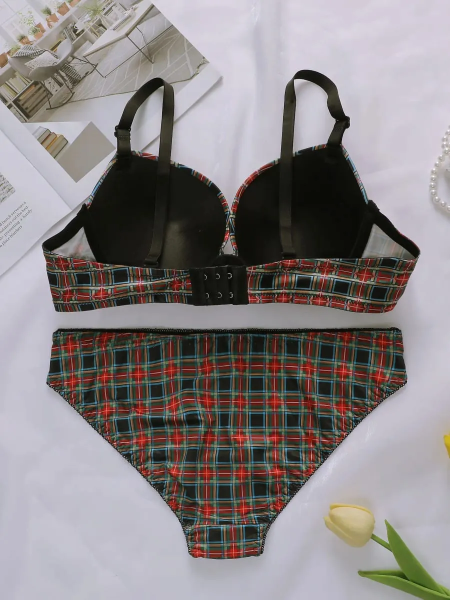 Women's plaid sexy lingerie set with steel rims gathered push up straps adjustable daily comfort bra set J0120