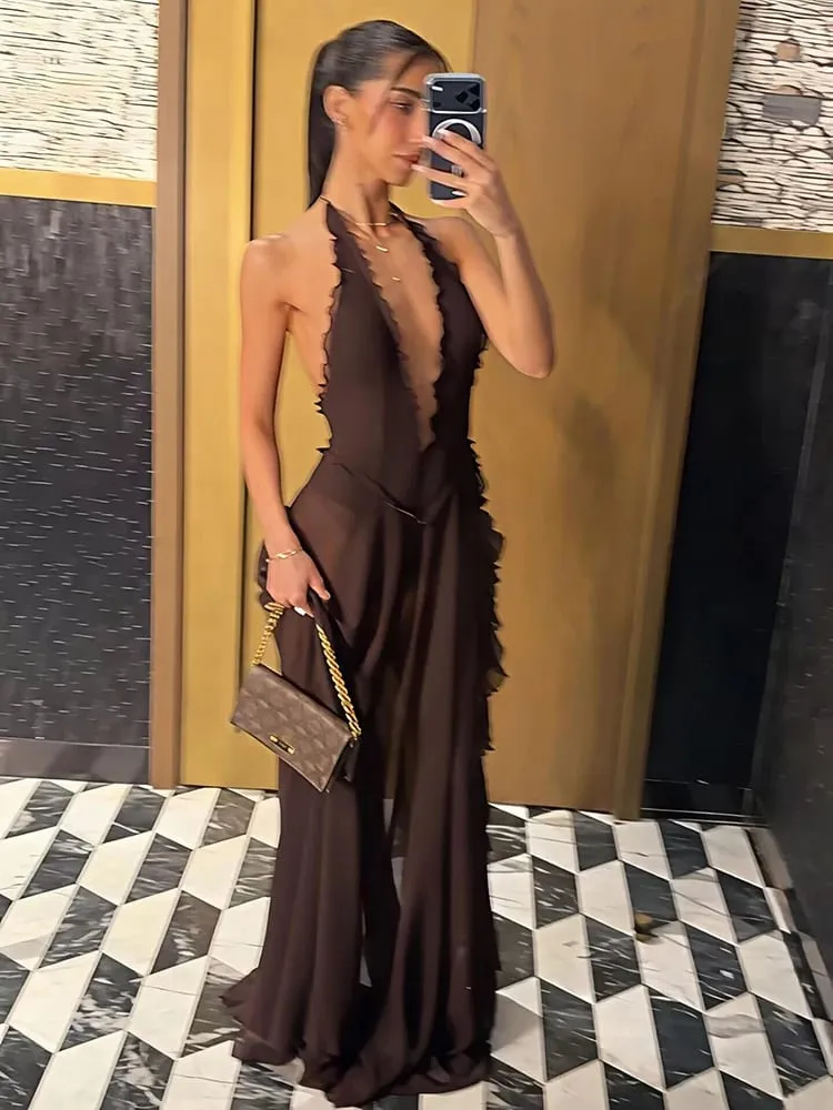 Mozision Halter Deep V Neck Backless Sexy Maxi Dress Women Elegant Off-shoulder Sleeveless High Split Club Party Long Dress — image 3