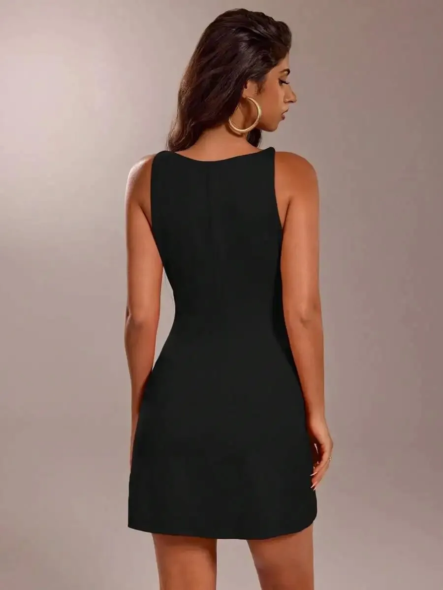 Women's Elegant Solid Color Sleeveless Waist Cinched Mini Dress Business Casual Woman Evening Dress