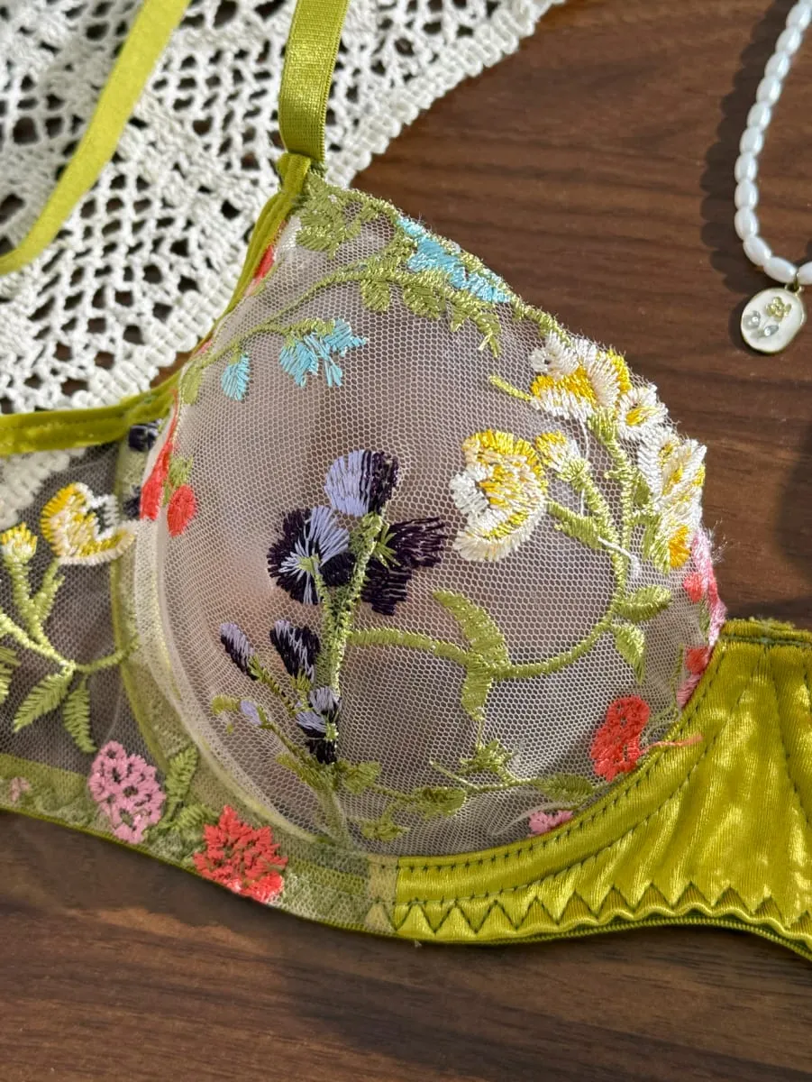 Women Floral Embroidery Lingerie Set Sheer Mesh Underwire Bra & Thong 2‑Piece Outfit Colorful Flower Intimate Sleepwear
