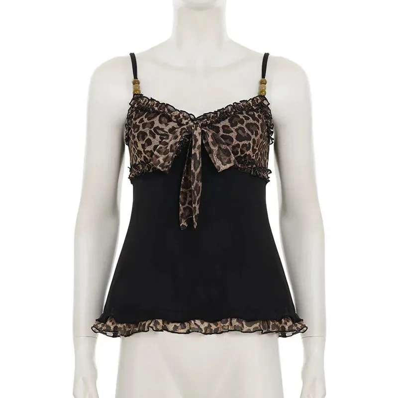 American Vintage Sexy Leopard Vest Y2k Harajuku Slim Lace Patchwork Summer New Streetwear Beach Party Sleeveless Women's Tanks