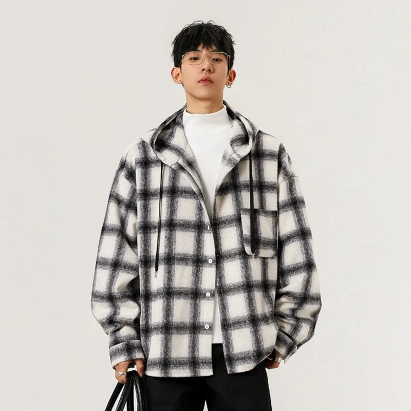 Y2K-Chaqueta holgadas de cuadros con capucha para hombre, cárdigan de talla grande a la moda, ropa de abrigo Vintage coreana, sudaderas con capucha de una botonadura