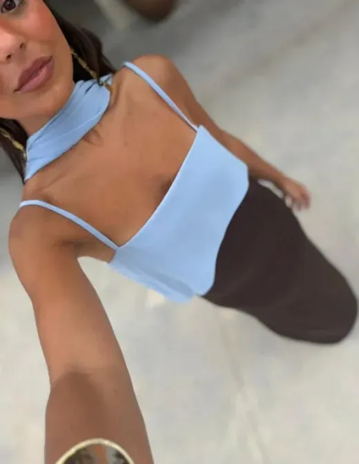 Color Blocking Scarf Collar Suspender Women Maxi Dress Spaghetti Strap High Split Floor Length Evening Dresses Lady Party Robes