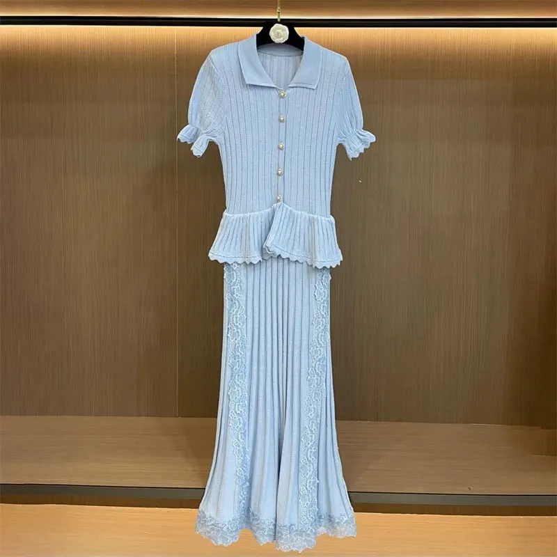 New Summer Women's Lace-Trimmed Short-Sleeve Knitted DressY2K High-Quality Fashionable Casual Faux Two-Piece Fishtail Maxi Dress