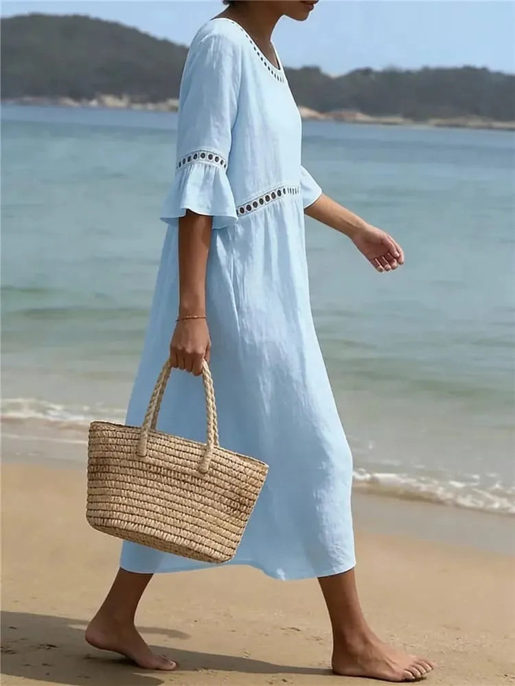 Summer Loose Beach Holiday Long Dress Women Casual Hollow Out Half Sleeve Vacation Sundress Boho Solid Color A-Line Maxi Dresses
