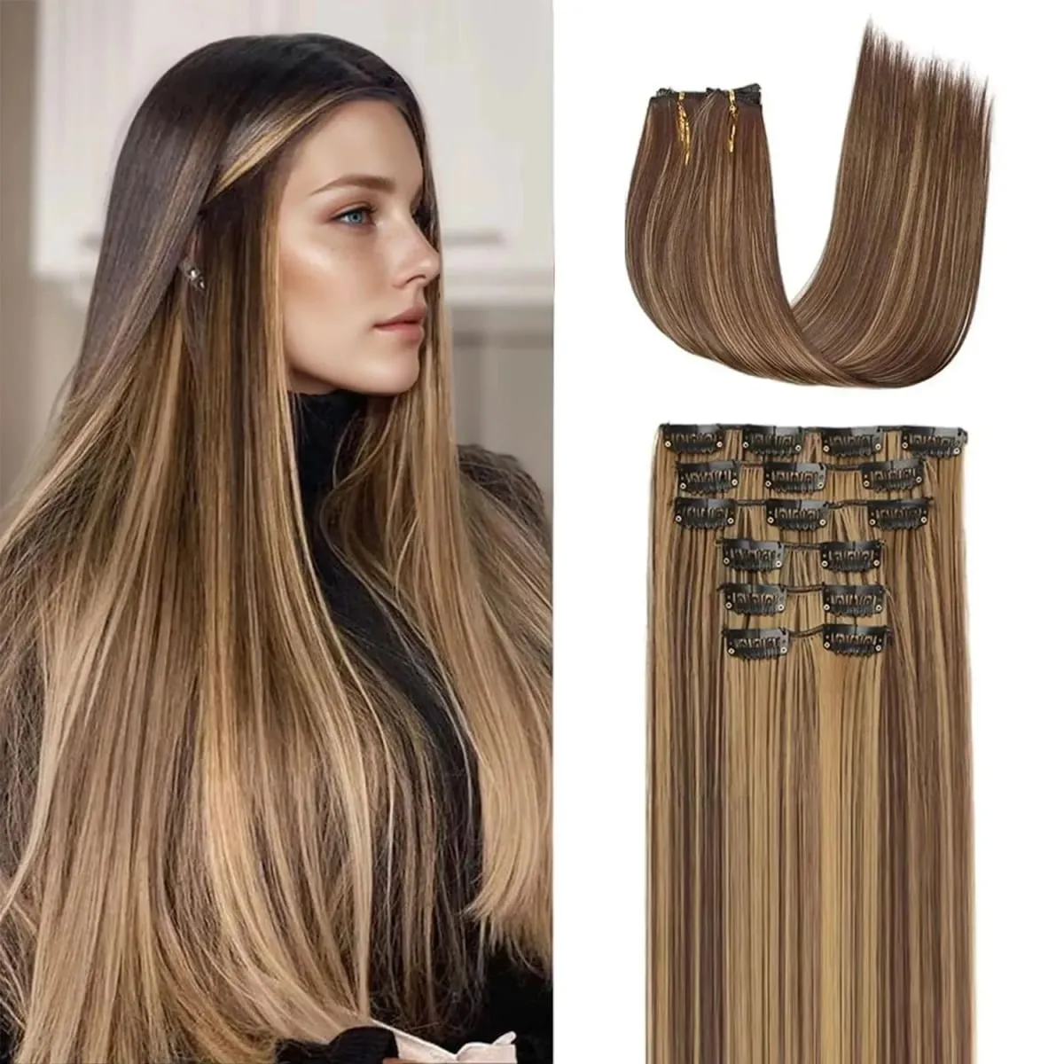 6Pcs Clip in Hair Extensions 24" Long Straight Heat Resistant Synthetic Clips on Hair Piece for Women Daily Wear