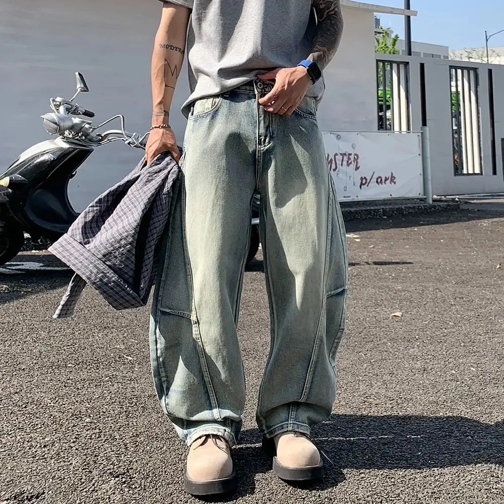 Men's Baggy Lantern Wide Leg Jeans Vintage Washed Denim Pants Loose Streetwear Casual Trousers for Spring Autumn Daily Outdoor