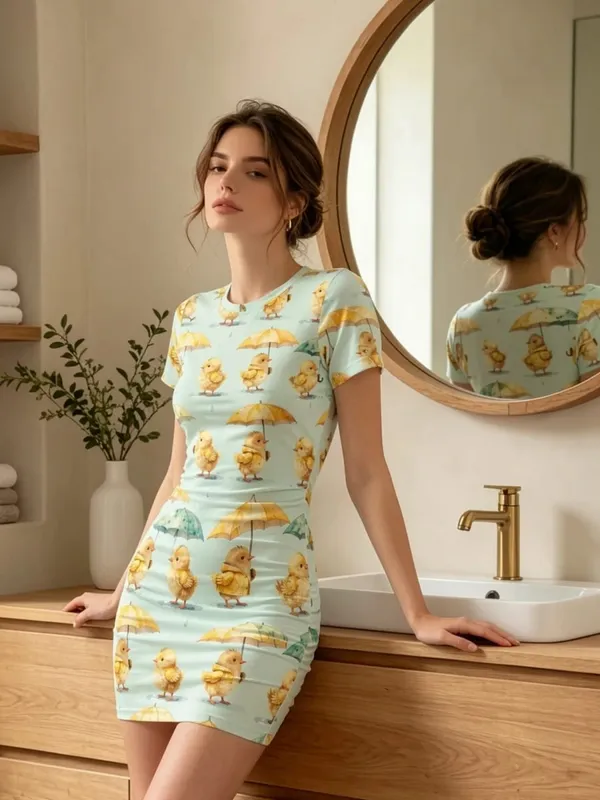 Womens Short Sleeve Bodycon Mini Dress Slim Fit Crew Neck Floral Print Casual Summer Party Cute Casual Holiday Clubwear Sundress