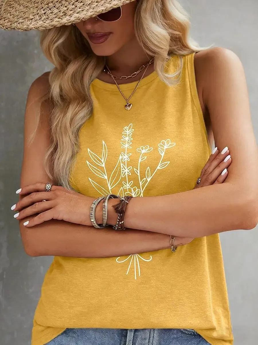 Casual Yellow Floral Print Round Neck Tank Top Loose Fit Sleeveless Blouse For Daily Vacation Beach Summer Outfits
