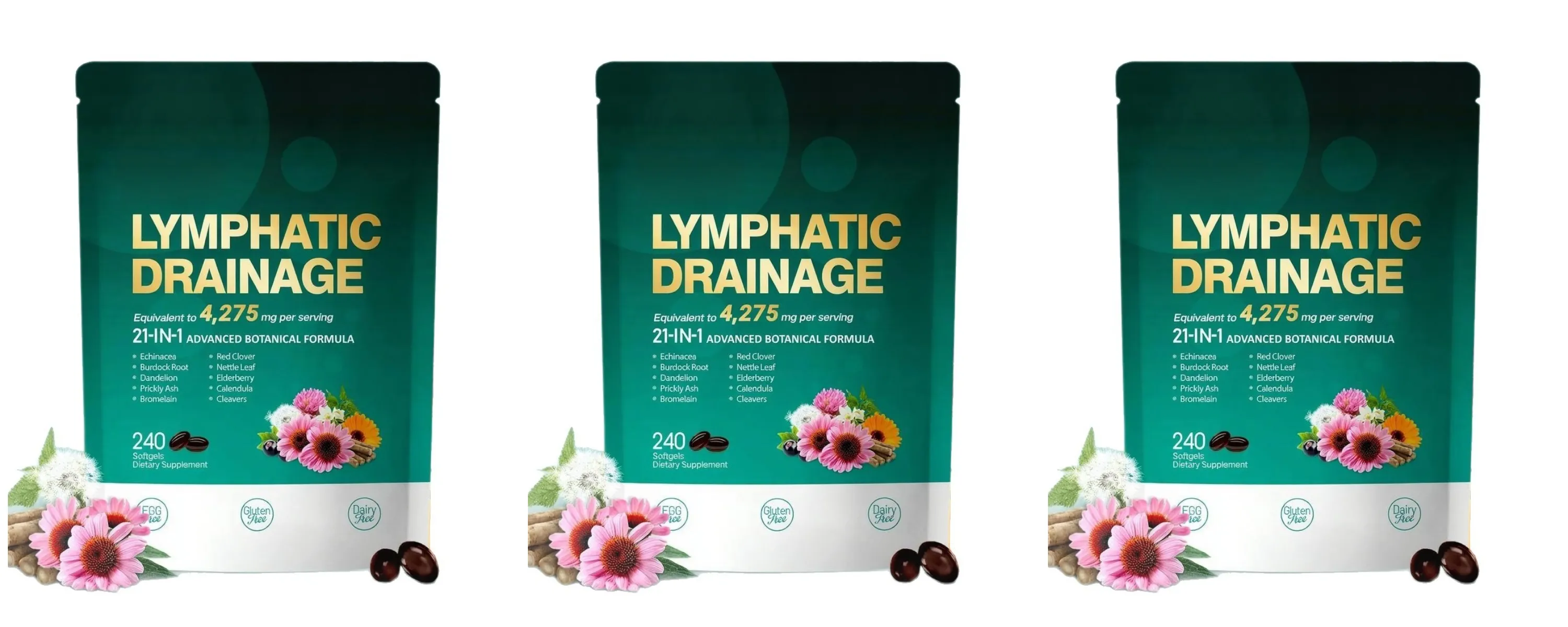 Lymphatic Support Softgels with Echinacea Dandelion Herbal Supplement 21-in-1 Botanical Formula for Lymph Flow System 240 Count