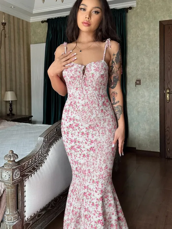 Hugcitar-Vestido largo sin mangas con estampado Floral, Espalda descubierta, con cordones, Sexy, ceñido al cuerpo, trajes elegantes para fiesta de vacaciones, venta al por mayor
