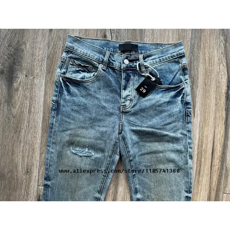 Men's High Street American School Boys Vintage Distressed Blue Stretch Skinny & Slim Fit Ripped Jeans