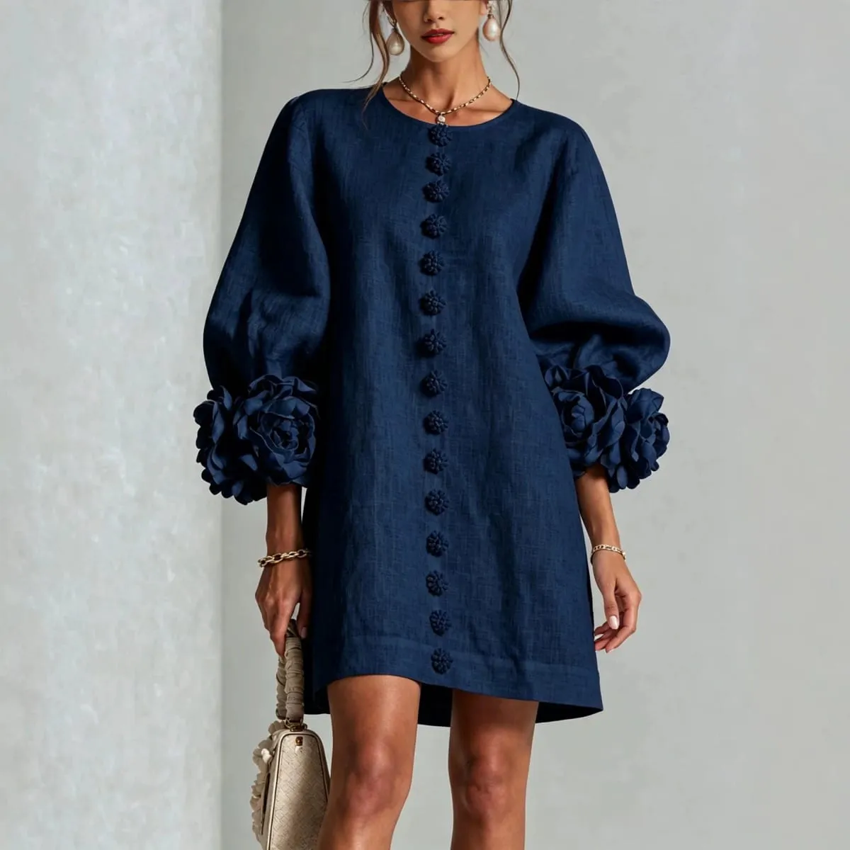 Women Spring Autumn 3D Flower Long Lantern Sleeve Cotton Linen Mini Dress Solid Crew Neck Loose Elegant Daily Wear Short Dress