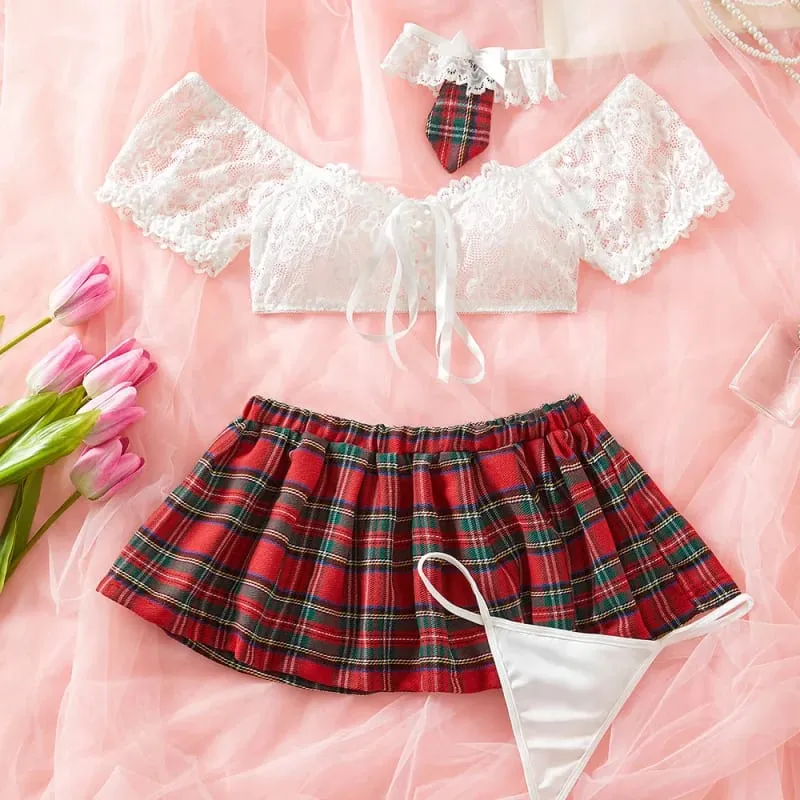 4 Pieces Westerns Sexy Laces Plaid Mini Skirt Bow Tie Role Play For Women Female Ladies Charming Alluring Attractive Erotic Ling