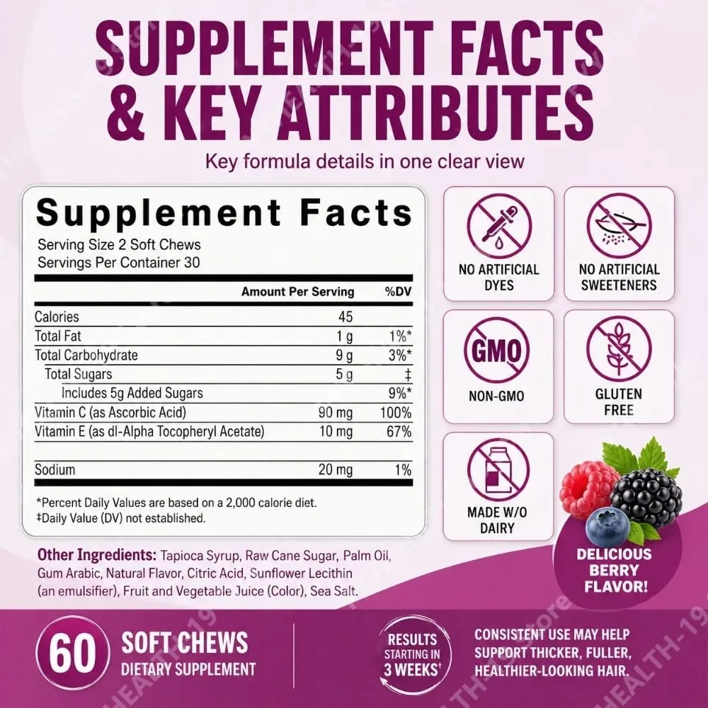 Hair Growth Soft Chews – Vitamin C & E Supplement for Thicker Fuller & Healthier-Looking Hair – Berry Flavor – 60 Soft Chews