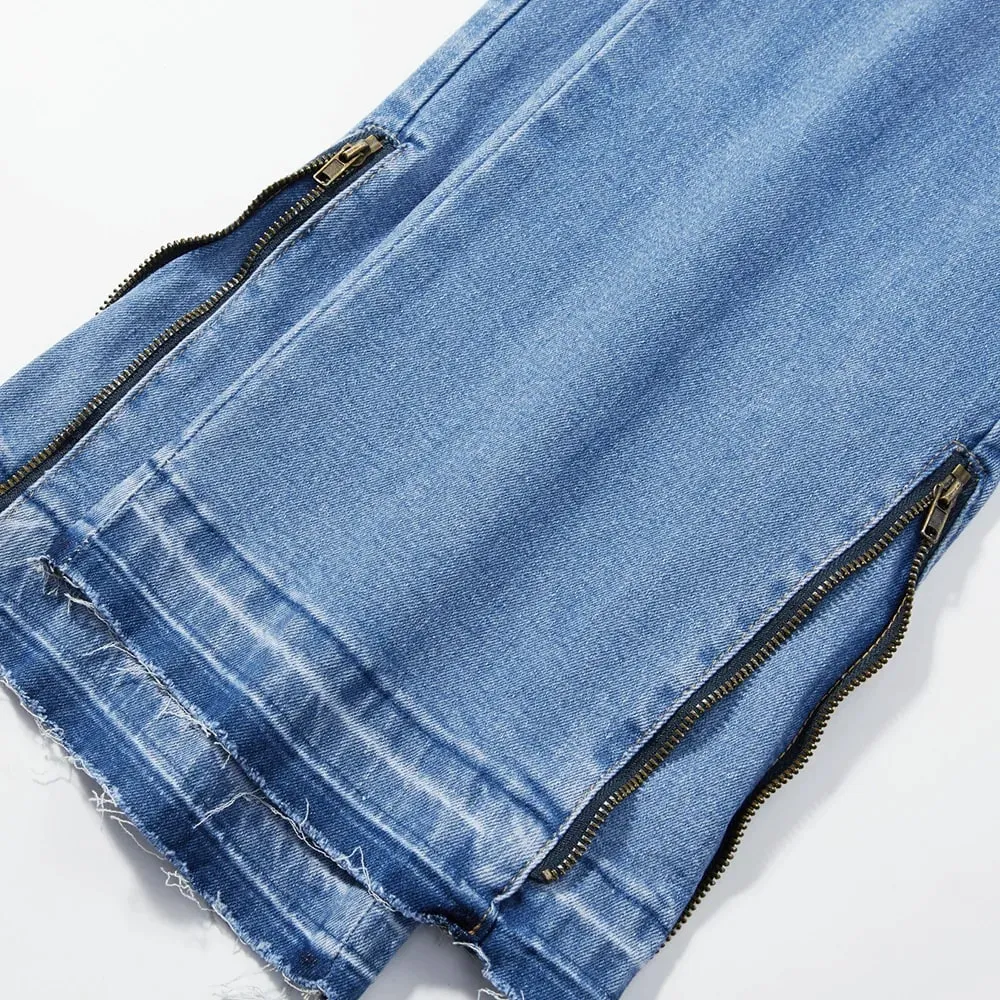 Men's Boot Cut Denim Jeans Streetwear Bottom Zipper Released Hem Pants Pure Color Blue Black Cotton Spandex Trousers