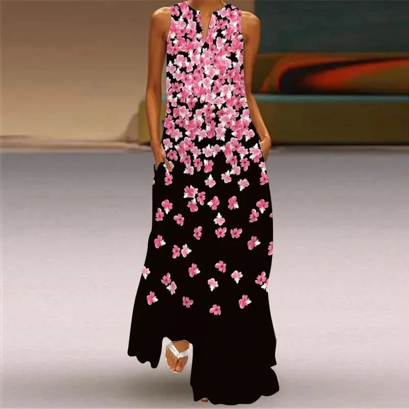 Women Dresses 2026 New summer wear sleeveless long dress V-neck printed emerald flower dress women's clothing vestidoes