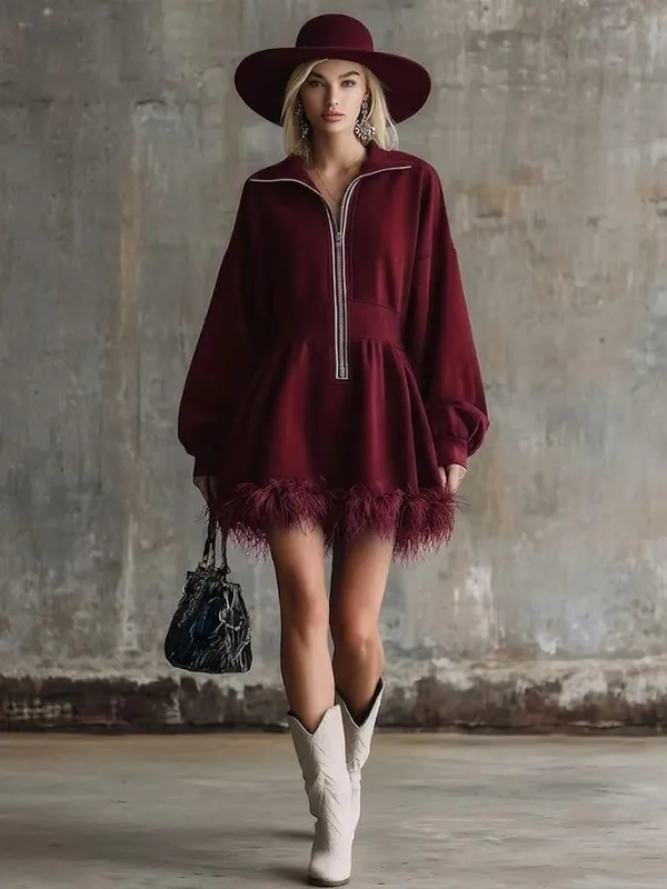 Fashion Dress Autumn Winter Casual Solid Color Simple Street Style Long Sleeved Zipper V-neck Feather Edge Cinched Waist Dresses