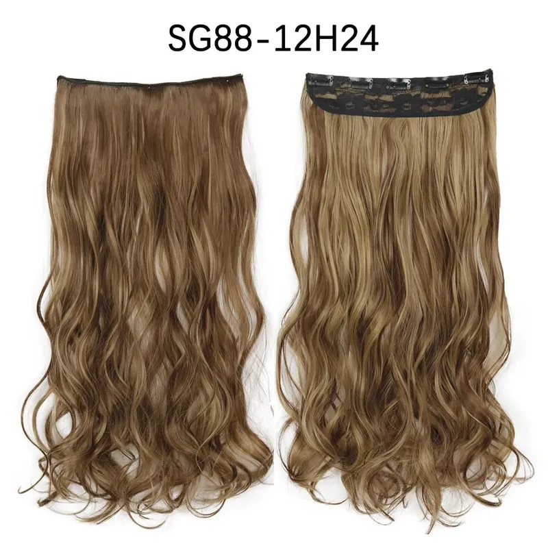 Azqueen Synthetic 5 Clips in Hair Extension Long Straight Hairpiece Haistyle high temperature fibert Golden brown black