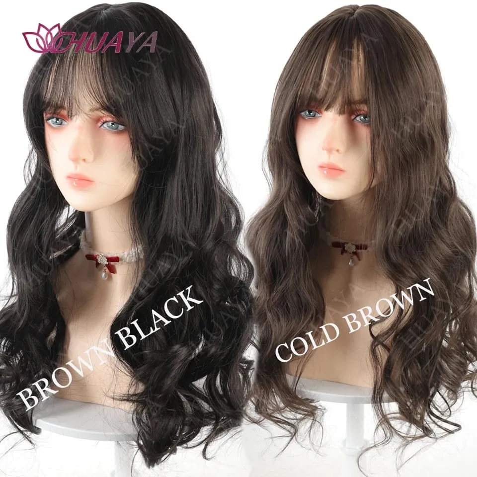 Synthetic 3 Clips In Topper Long Wavy Hairpiece Black Brown Women Fake Hair Clip In Hair Extensions With Bangs Fake Hairpiere