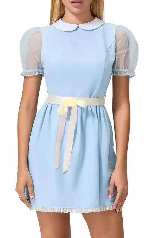 Kawaii Doll Collar Dress Puff Sleeve Tiered Ruffle A-Line Dress dengan Bow Belt for Daily Party Club Lolita Style Fairy Mini Dress