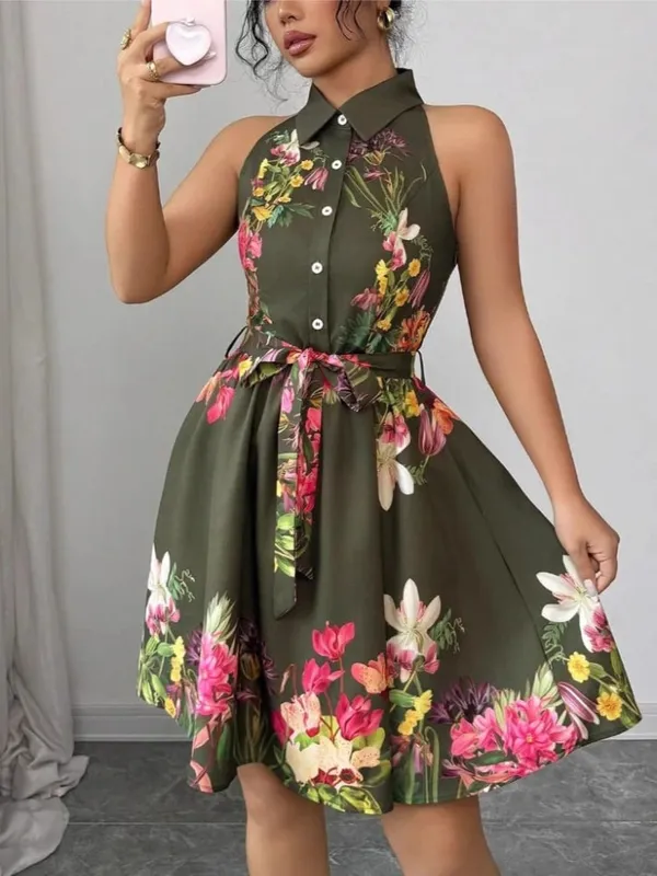 A Line Vestidos Y2k Street Wear Halter Print Floral Elegant Splice Party Night Work High Waist Short Dress Women Dresses