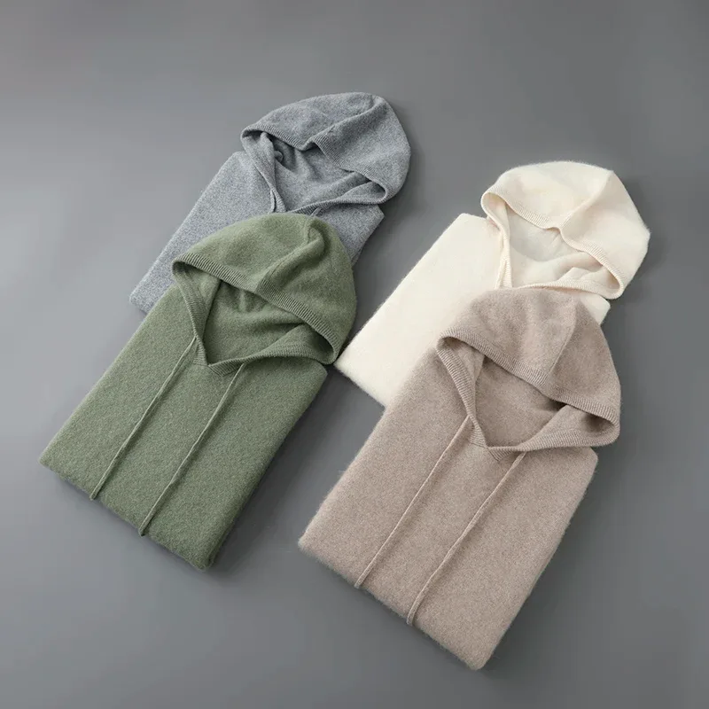 DjzDsm Autumn Winter Men's Sweater 100% Merino Wool Thick Hooded Pullover Soft Knitwear Casual Comfort Wool Clothing Tops