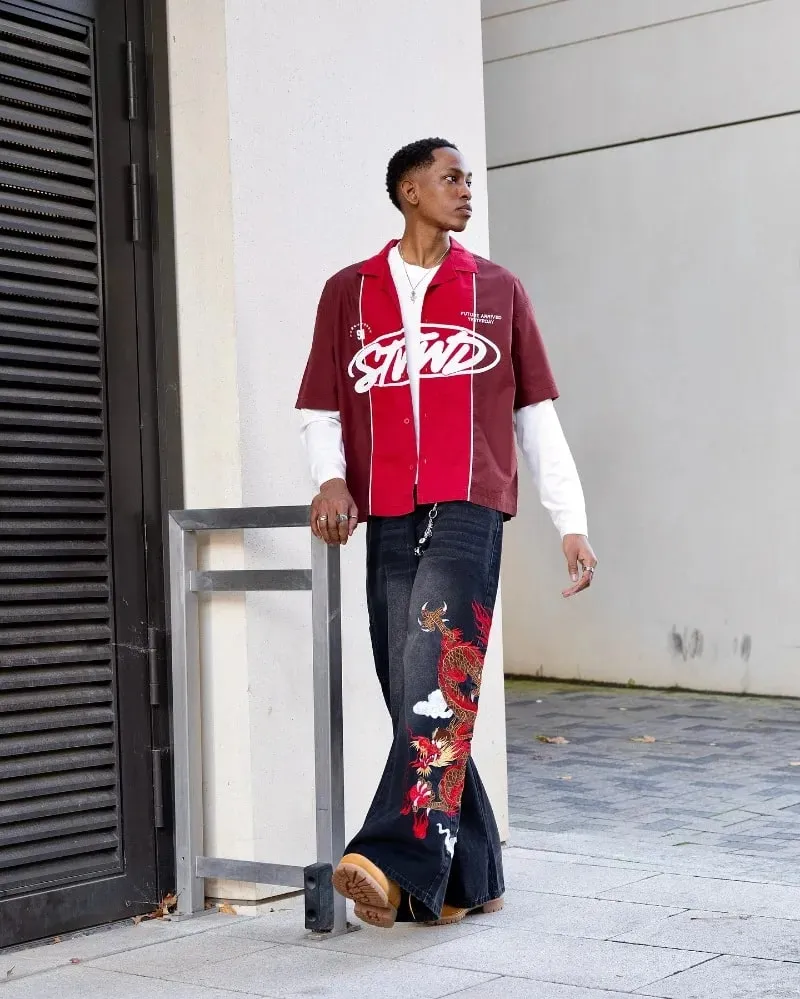 Y2K Baggy Jeans Dragon Graffiti Embroidery High Waist Men Women Vintage Streetwear 2000s Harajuku Casual Loose Wide Leg Jeans