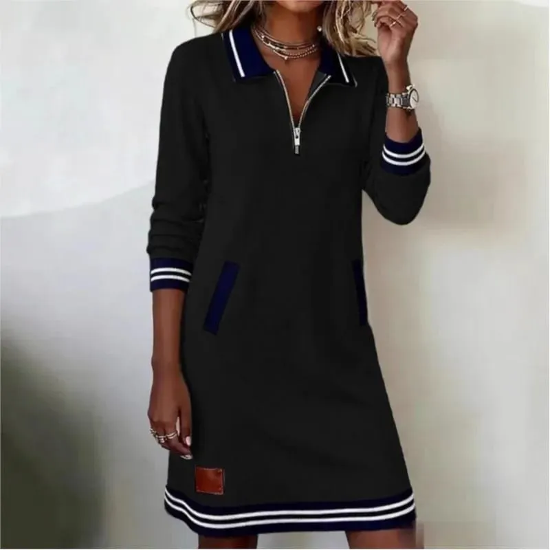 Autumn Winter Fashionable Versatile Women's Dress Casual Contrasting Color Splicing Lapel Long-sleeved Loose Dress With Pockets