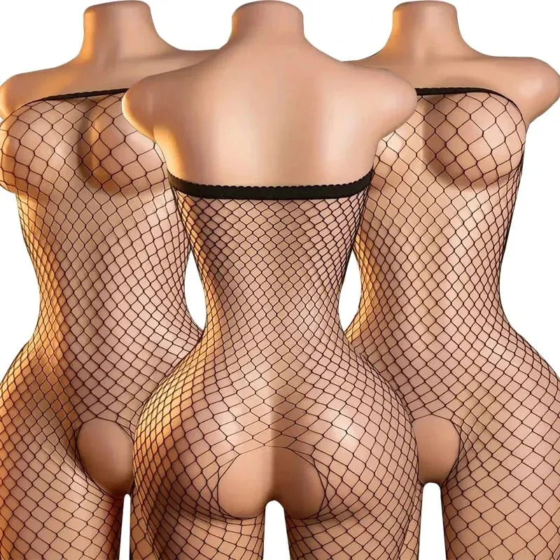 Black Fishnet Off-Shoulder Open-Crotch Bodystocking Lingerie Set Sexy Crotchless Teddy Bra Women's Erotic Underwear