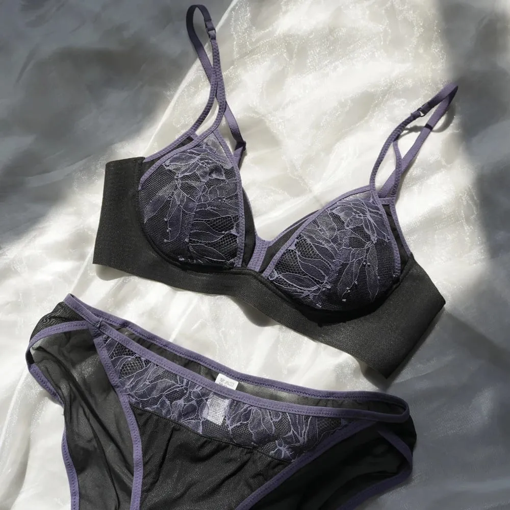 Conjunto de lencería Sexy de estilo para mujer, sujetador inalámbrico push-up de retazos de encaje fino en contraste con tirantes dobles para busto pequeño