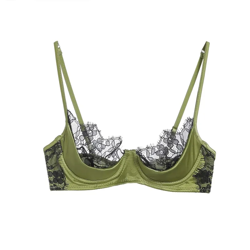 Half Cup Lingerie Set Women Green French Lace Ultra Thin Sheer Soft Comfortable Underwire Bra Small Bust 32‑38AB Set