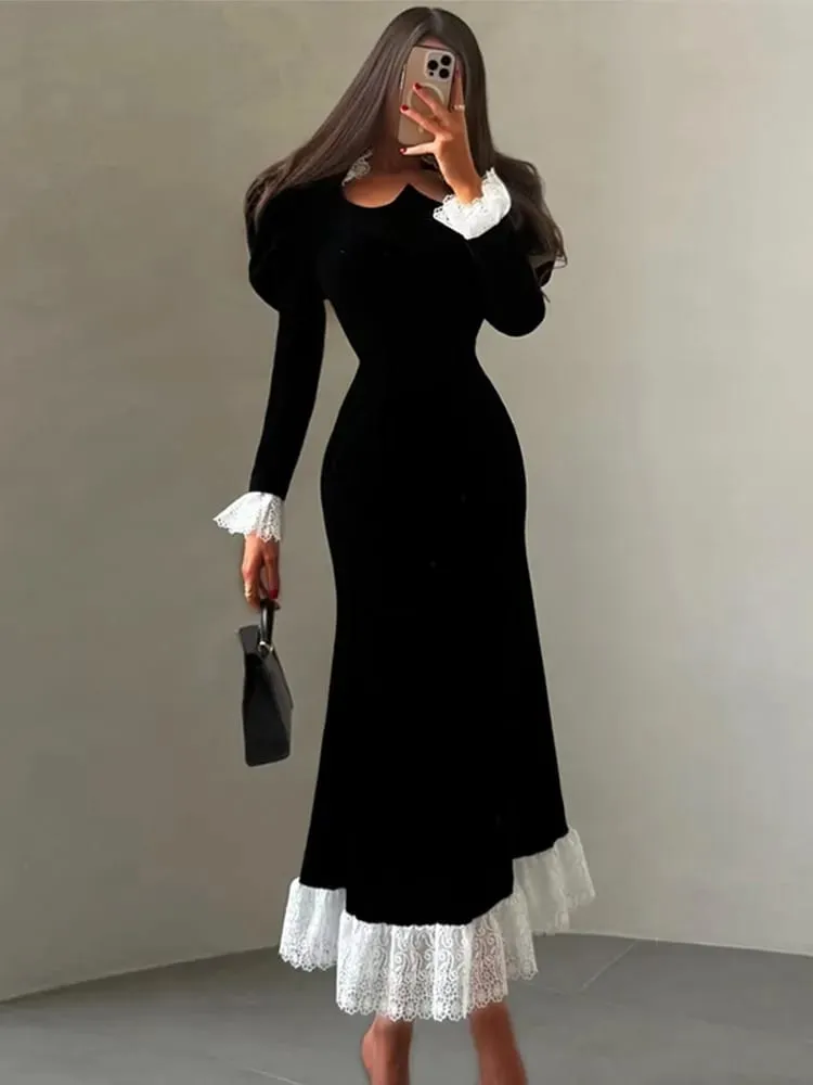 Full Sleeve Lace Patchwork Velvet Maxi Dress Women Elegant Stand Collar Puffed Slim Long Sexy Gowns Lady Evening Dinner Dresses