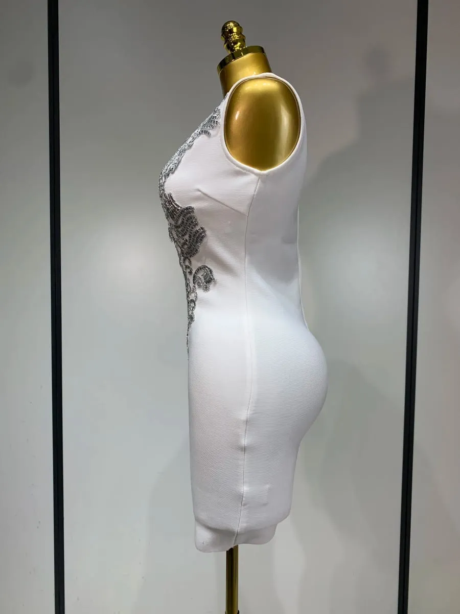 Frauen 2025 Sexy V-ausschnitt Cut Out Kurze Verband Kleid Silber Pailletten Weiß Elegante Luxus Geburtstag Party Club Hochzeit Vestidos