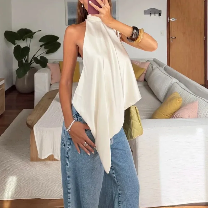Combhasaki Women Y2k Lace-up Choker Halter Neck Satin Silk Vest High Low Asymmetrical Hem Camis Yesk Silky Backless Layering Top