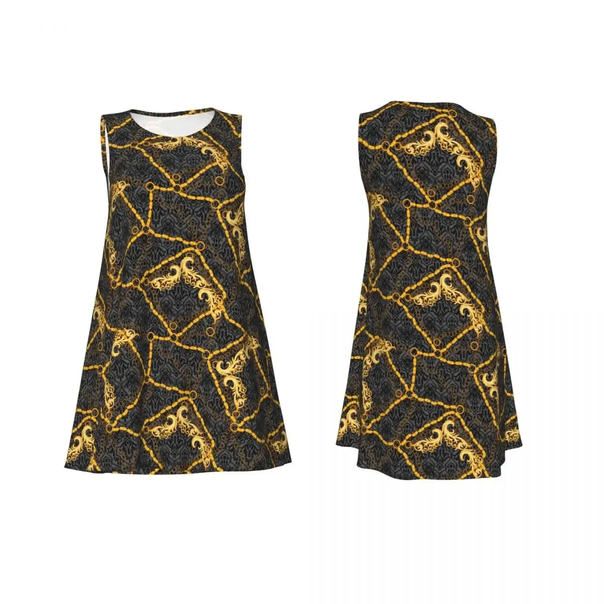 Gold Chain Casual Dress Vintage Print Korean Fashion Dresses Sleeveless Cute Dress Cheap Crew Neck Female Print Clothes